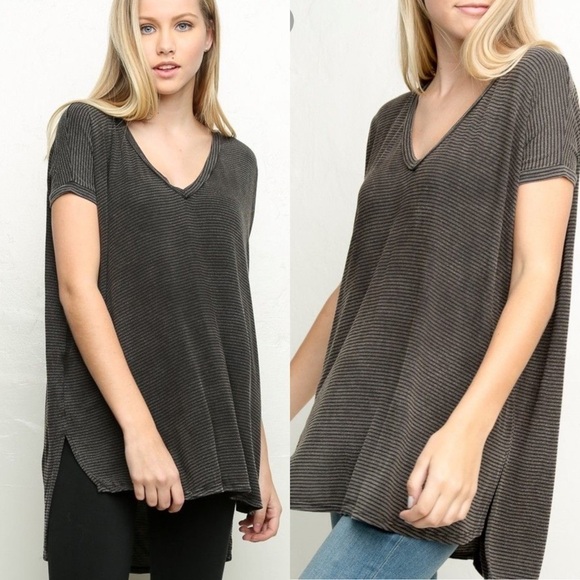 4 for $20 SALE!  Brandy Melville Milan Hi Lo V Neck Tee, Grey/Black Stripe, OS - Picture 1 of 8